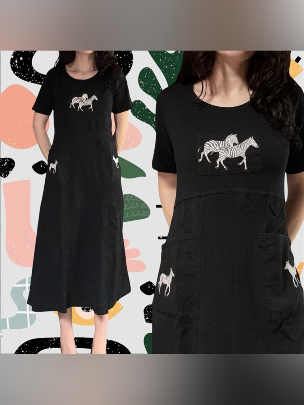Ultra Pink | Vintage Black Cotton A-Line Dress w/ Zebra Pattern and Pockets